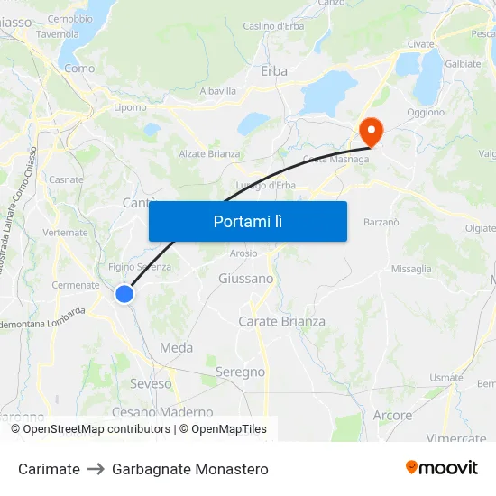 Carimate to Garbagnate Monastero map