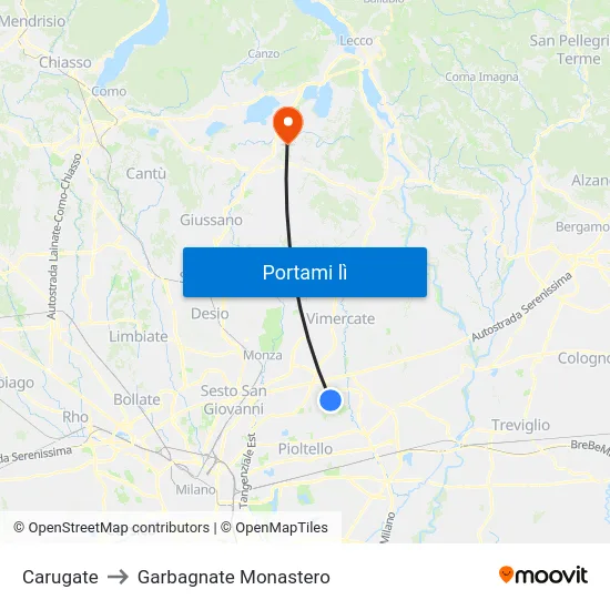 Carugate to Garbagnate Monastero map