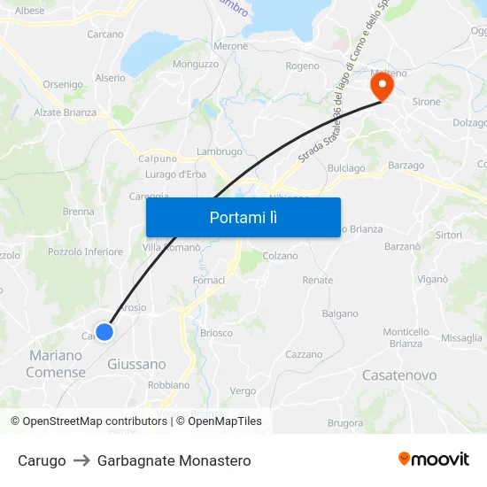 Carugo to Garbagnate Monastero map