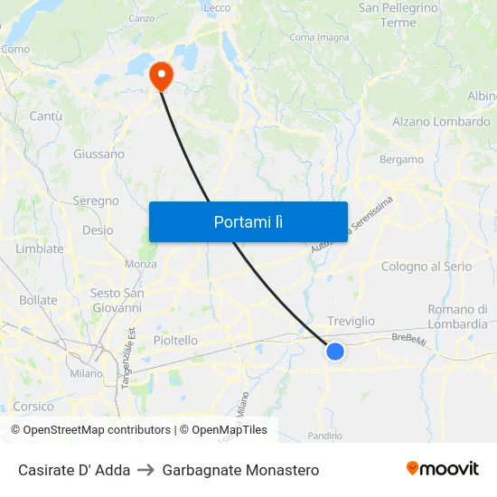 Casirate D' Adda to Garbagnate Monastero map