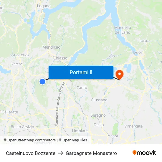 Castelnuovo Bozzente to Garbagnate Monastero map