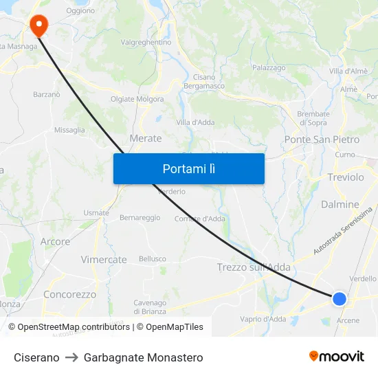 Ciserano to Garbagnate Monastero map