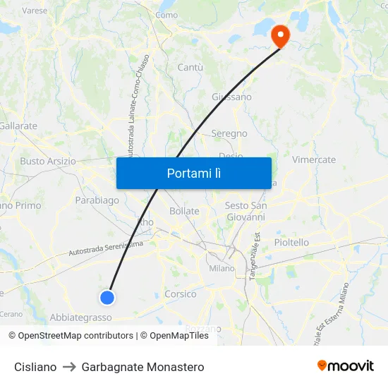 Cisliano to Garbagnate Monastero map