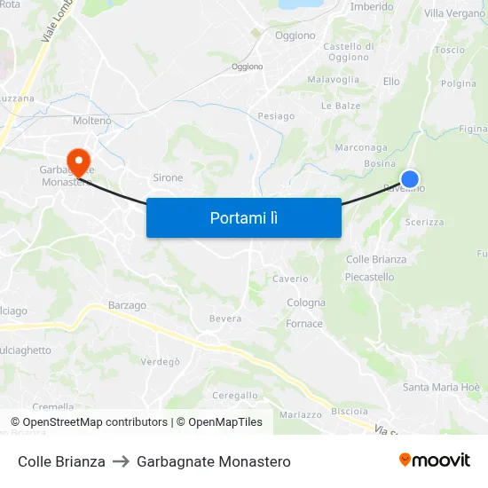 Colle Brianza to Garbagnate Monastero map