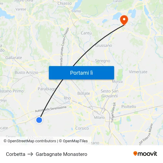 Corbetta to Garbagnate Monastero map