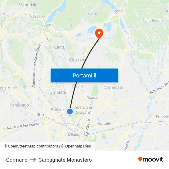 Cormano to Garbagnate Monastero map