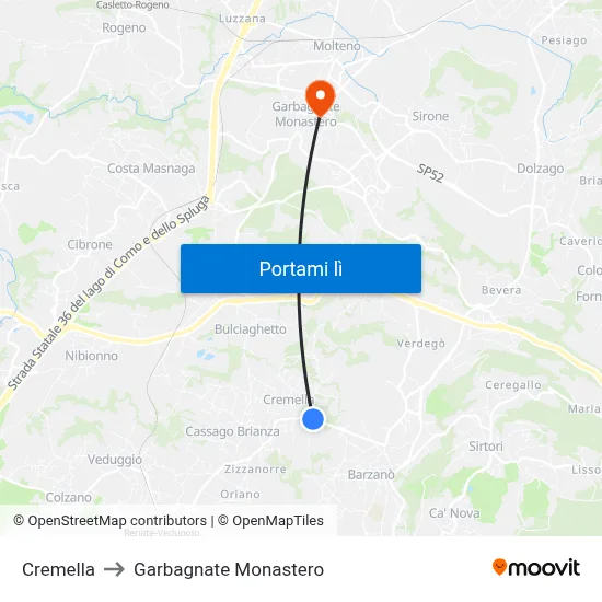 Cremella to Garbagnate Monastero map