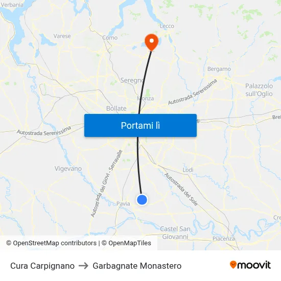 Cura Carpignano to Garbagnate Monastero map