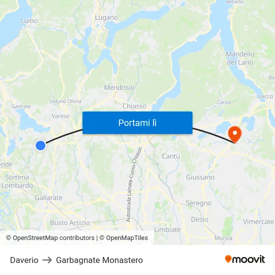 Daverio to Garbagnate Monastero map