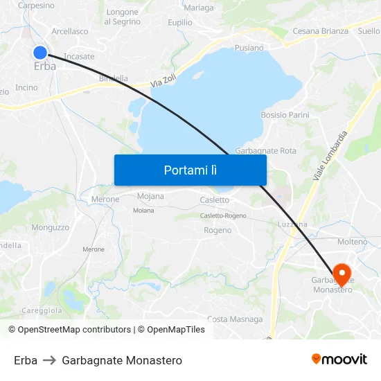 Erba to Garbagnate Monastero map