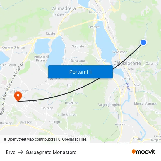 Erve to Garbagnate Monastero map