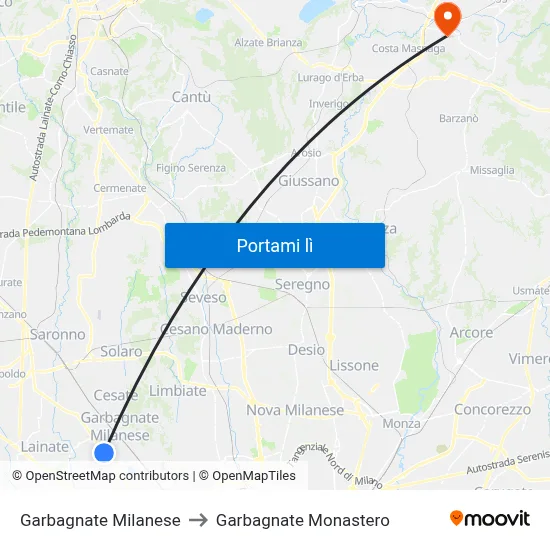 Garbagnate Milanese to Garbagnate Monastero map