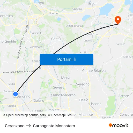 Gerenzano to Garbagnate Monastero map