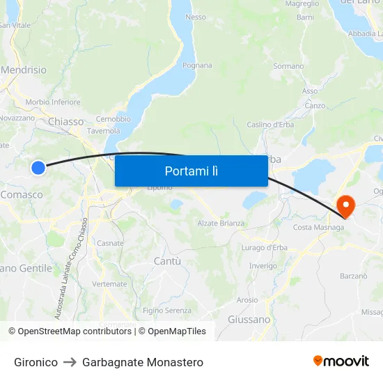 Gironico to Garbagnate Monastero map