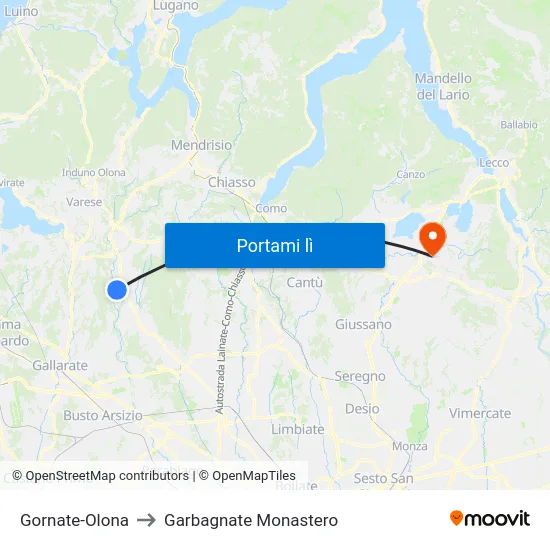 Gornate-Olona to Garbagnate Monastero map