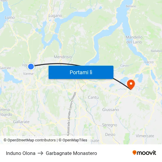 Induno Olona to Garbagnate Monastero map