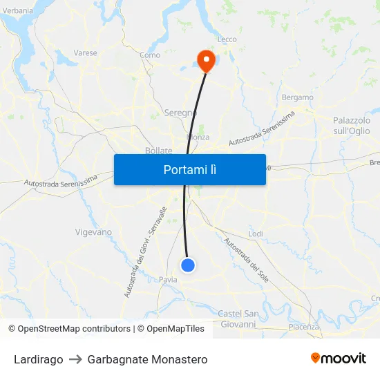 Lardirago to Garbagnate Monastero map