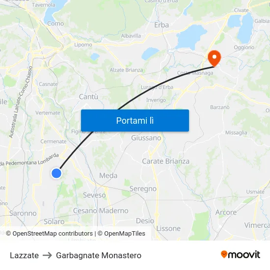 Lazzate to Garbagnate Monastero map