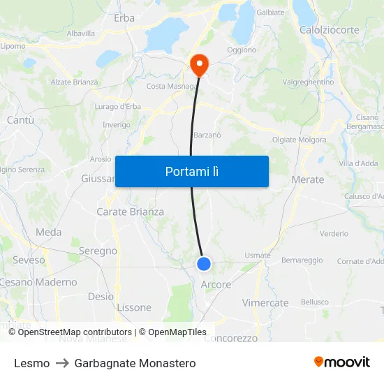 Lesmo to Garbagnate Monastero map