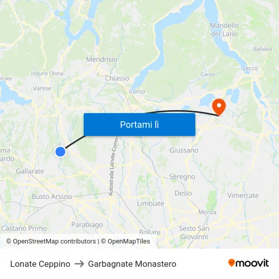 Lonate Ceppino to Garbagnate Monastero map