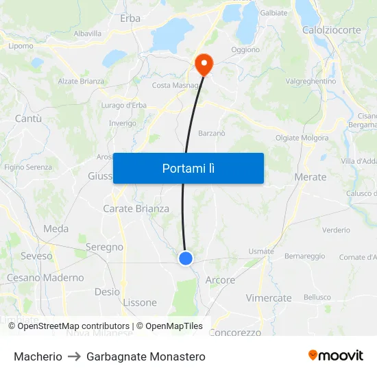 Macherio to Garbagnate Monastero map