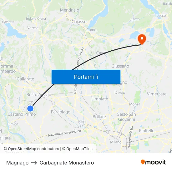 Magnago to Garbagnate Monastero map