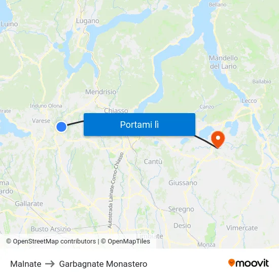 Malnate to Garbagnate Monastero map