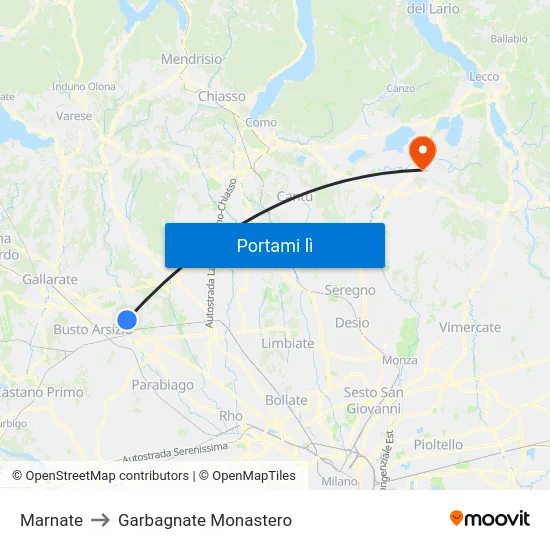 Marnate to Garbagnate Monastero map