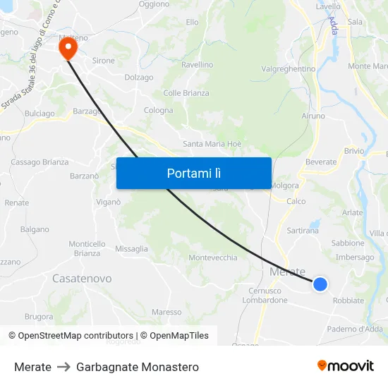 Merate to Garbagnate Monastero map