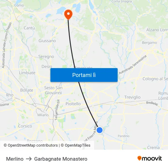 Merlino to Garbagnate Monastero map