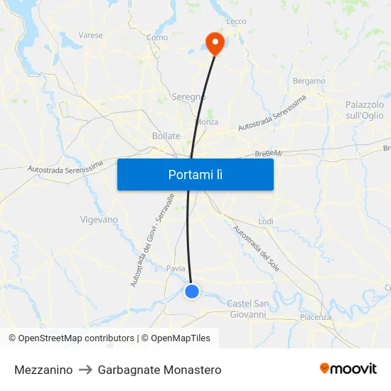 Mezzanino to Garbagnate Monastero map