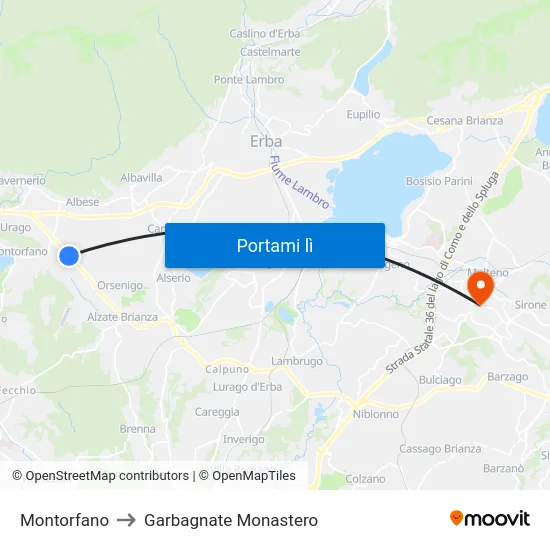 Montorfano to Garbagnate Monastero map
