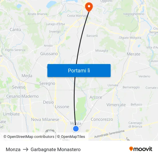 Monza to Garbagnate Monastero map