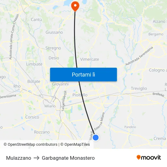 Mulazzano to Garbagnate Monastero map