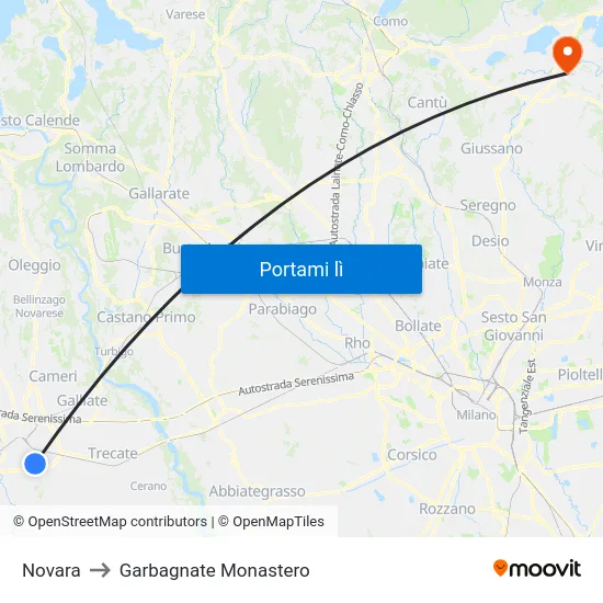 Novara to Garbagnate Monastero map
