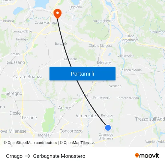 Ornago to Garbagnate Monastero map