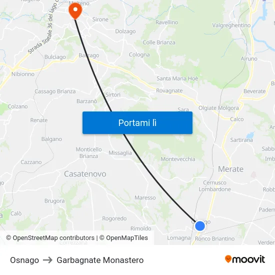 Osnago to Garbagnate Monastero map