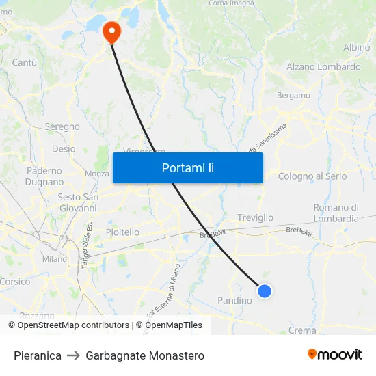 Pieranica to Garbagnate Monastero map