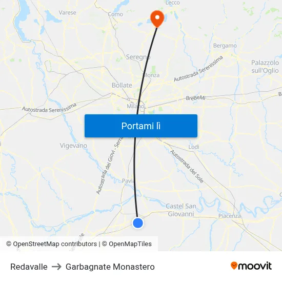 Redavalle to Garbagnate Monastero map