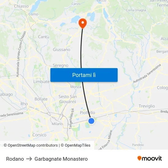 Rodano to Garbagnate Monastero map