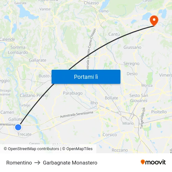 Romentino to Garbagnate Monastero map