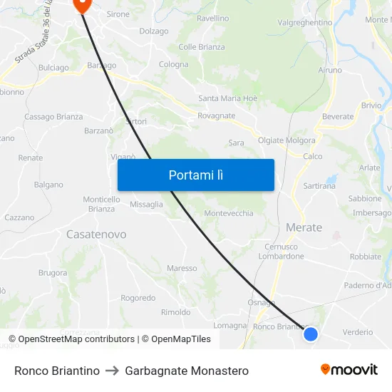 Ronco Briantino to Garbagnate Monastero map