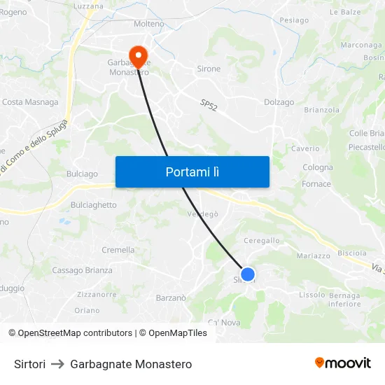 Sirtori to Garbagnate Monastero map