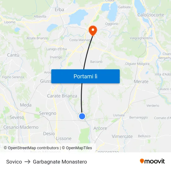 Sovico to Garbagnate Monastero map