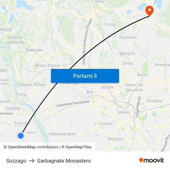 Sozzago to Garbagnate Monastero map