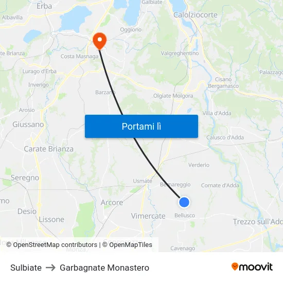 Sulbiate to Garbagnate Monastero map