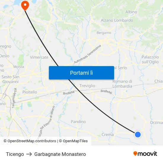 Ticengo to Garbagnate Monastero map