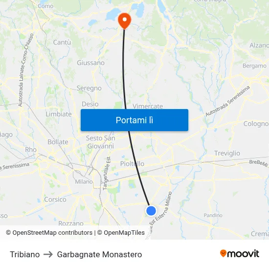Tribiano to Garbagnate Monastero map