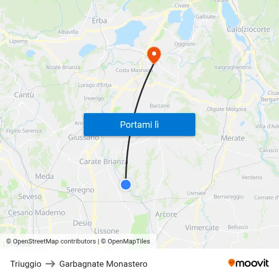 Triuggio to Garbagnate Monastero map