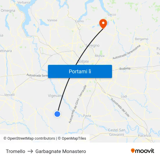 Tromello to Garbagnate Monastero map